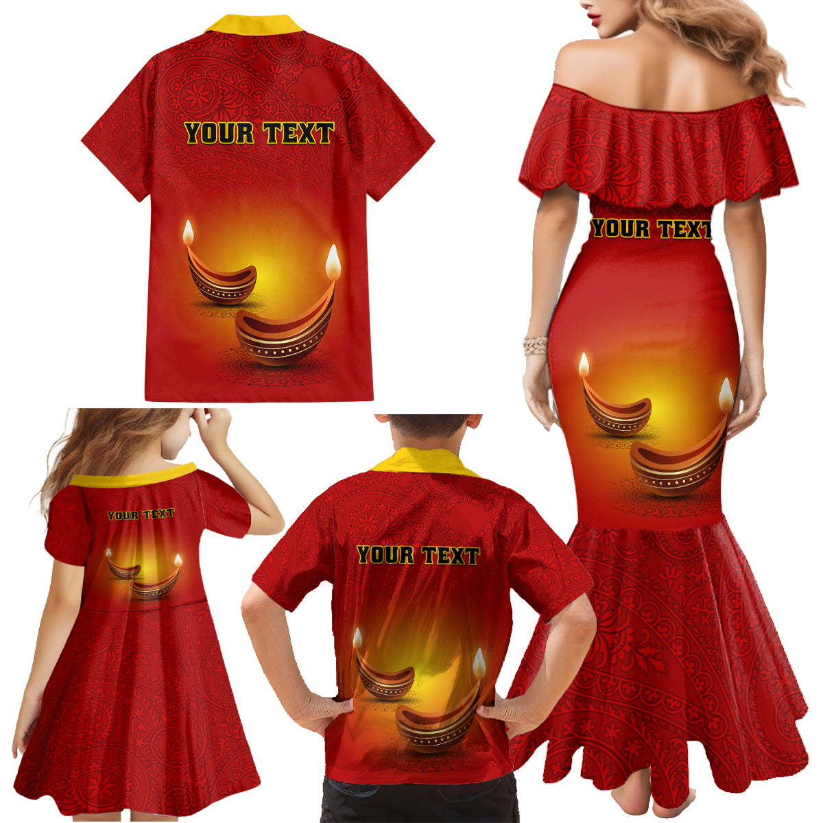Personalised Diwali Festival Family Matching Mermaid Dress and Hawaiian Shirt Diya With Paisley Pattern - Wonder Print Shop