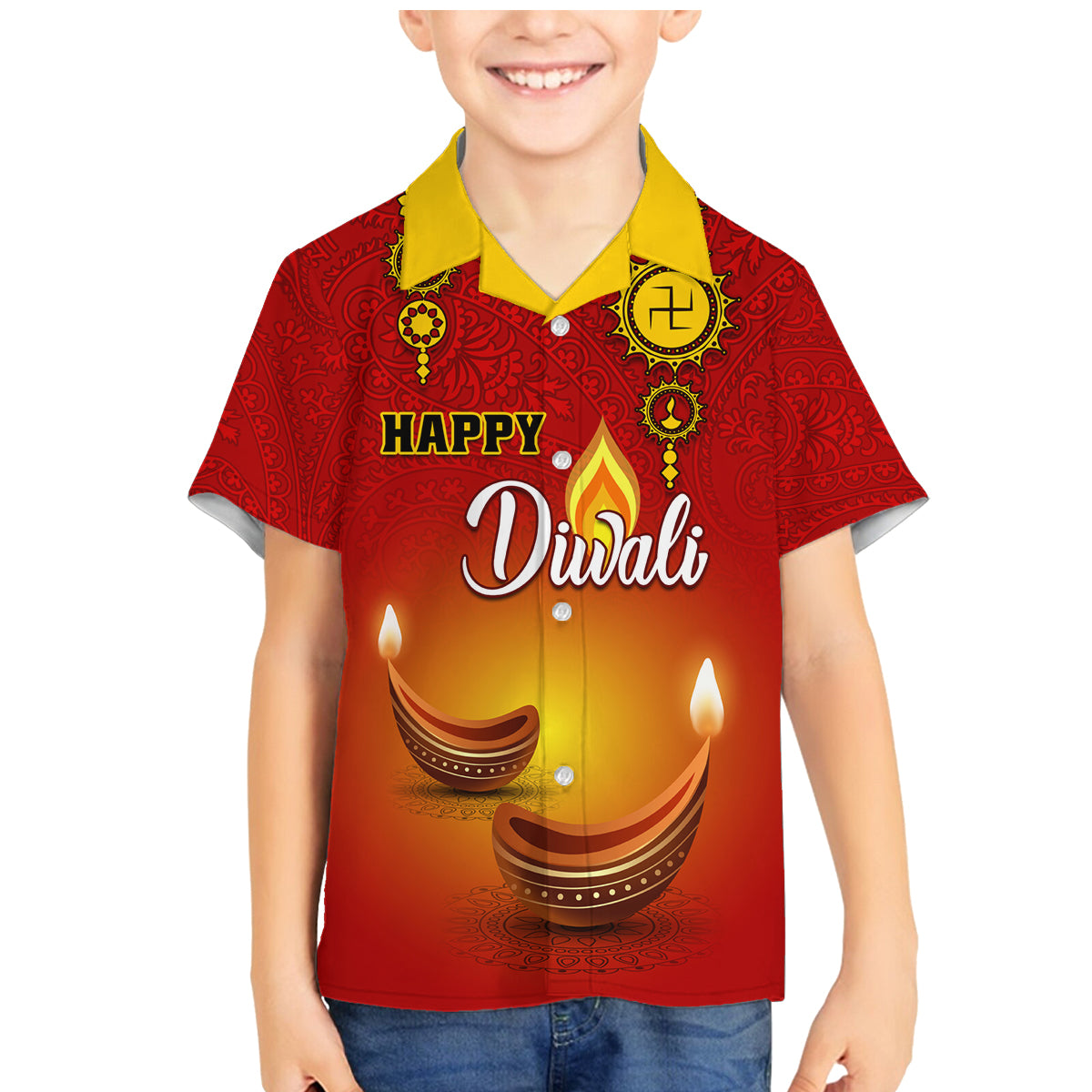Personalised Diwali Festival Family Matching Mermaid Dress and Hawaiian Shirt Diya With Paisley Pattern - Wonder Print Shop
