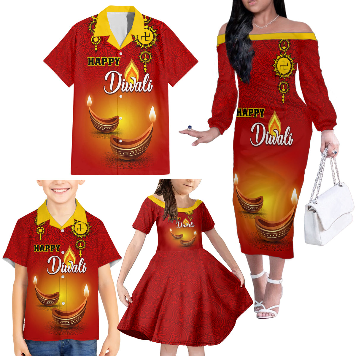 Personalised Diwali Festival Family Matching Off Shoulder Long Sleeve Dress and Hawaiian Shirt Diya With Paisley Pattern - Wonder Print Shop