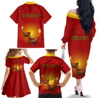 Personalised Diwali Festival Family Matching Off Shoulder Long Sleeve Dress and Hawaiian Shirt Diya With Paisley Pattern - Wonder Print Shop