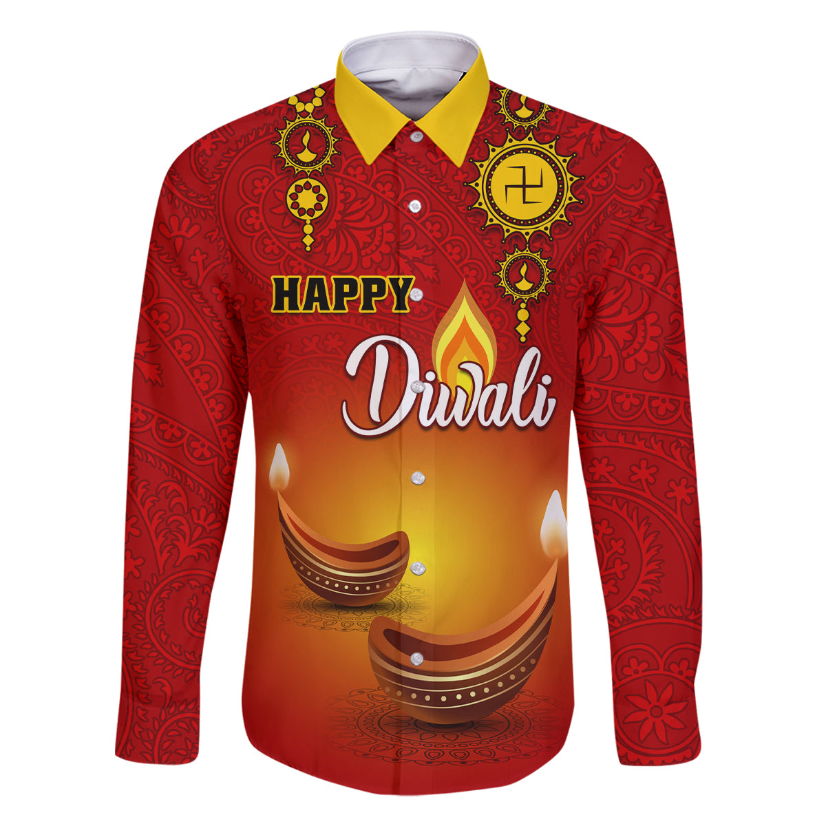 Personalised Diwali Festival Family Matching Off Shoulder Long Sleeve Dress and Hawaiian Shirt Diya With Paisley Pattern - Wonder Print Shop