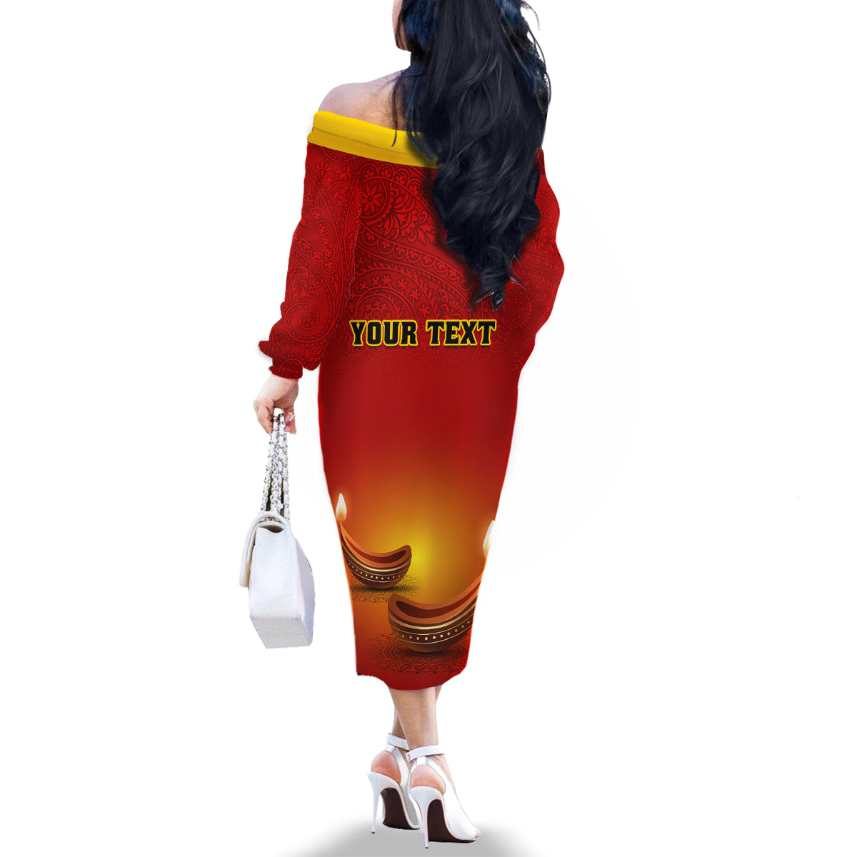 Personalised Diwali Festival Family Matching Off Shoulder Long Sleeve Dress and Hawaiian Shirt Diya With Paisley Pattern - Wonder Print Shop