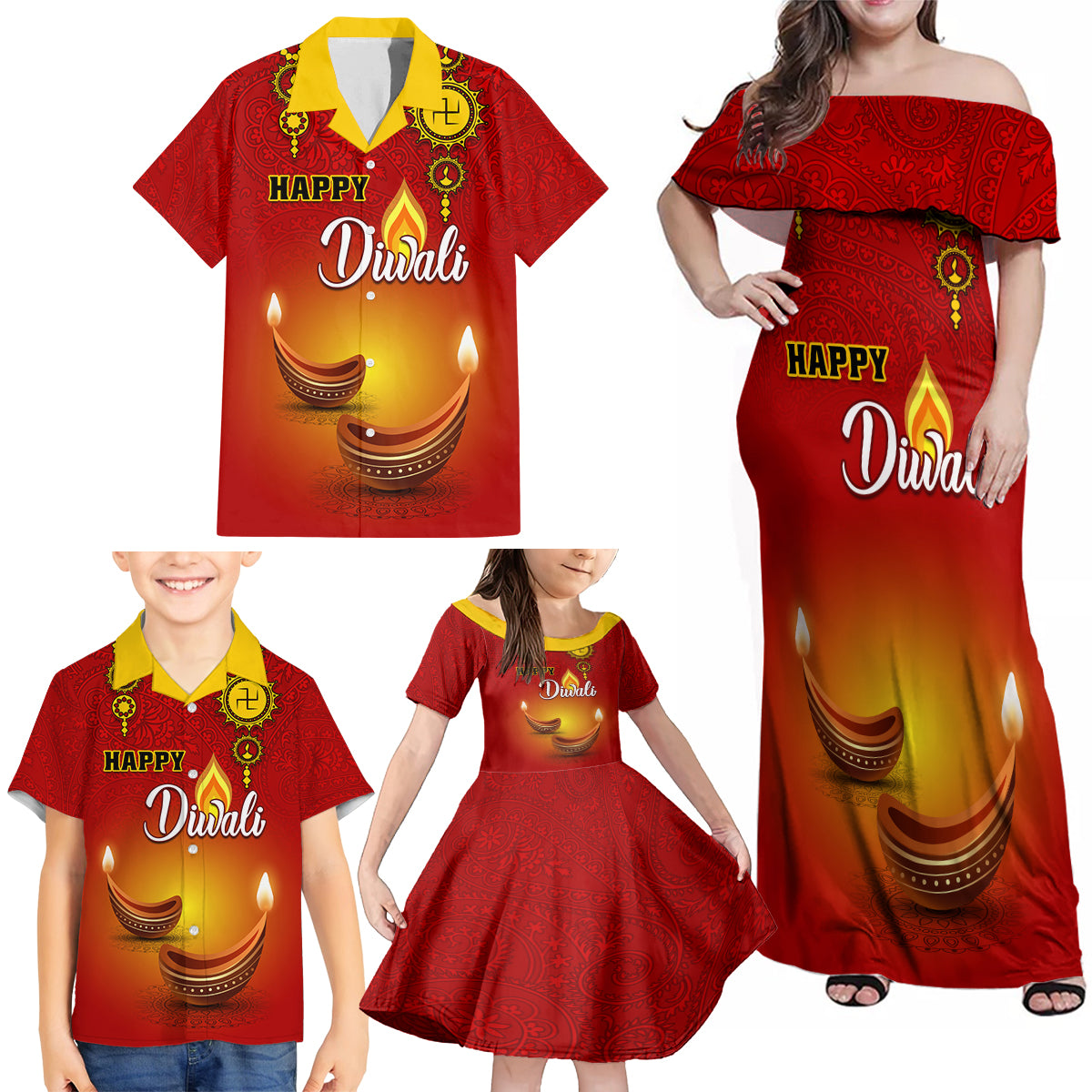 Personalised Diwali Festival Family Matching Off Shoulder Maxi Dress and Hawaiian Shirt Diya With Paisley Pattern - Wonder Print Shop