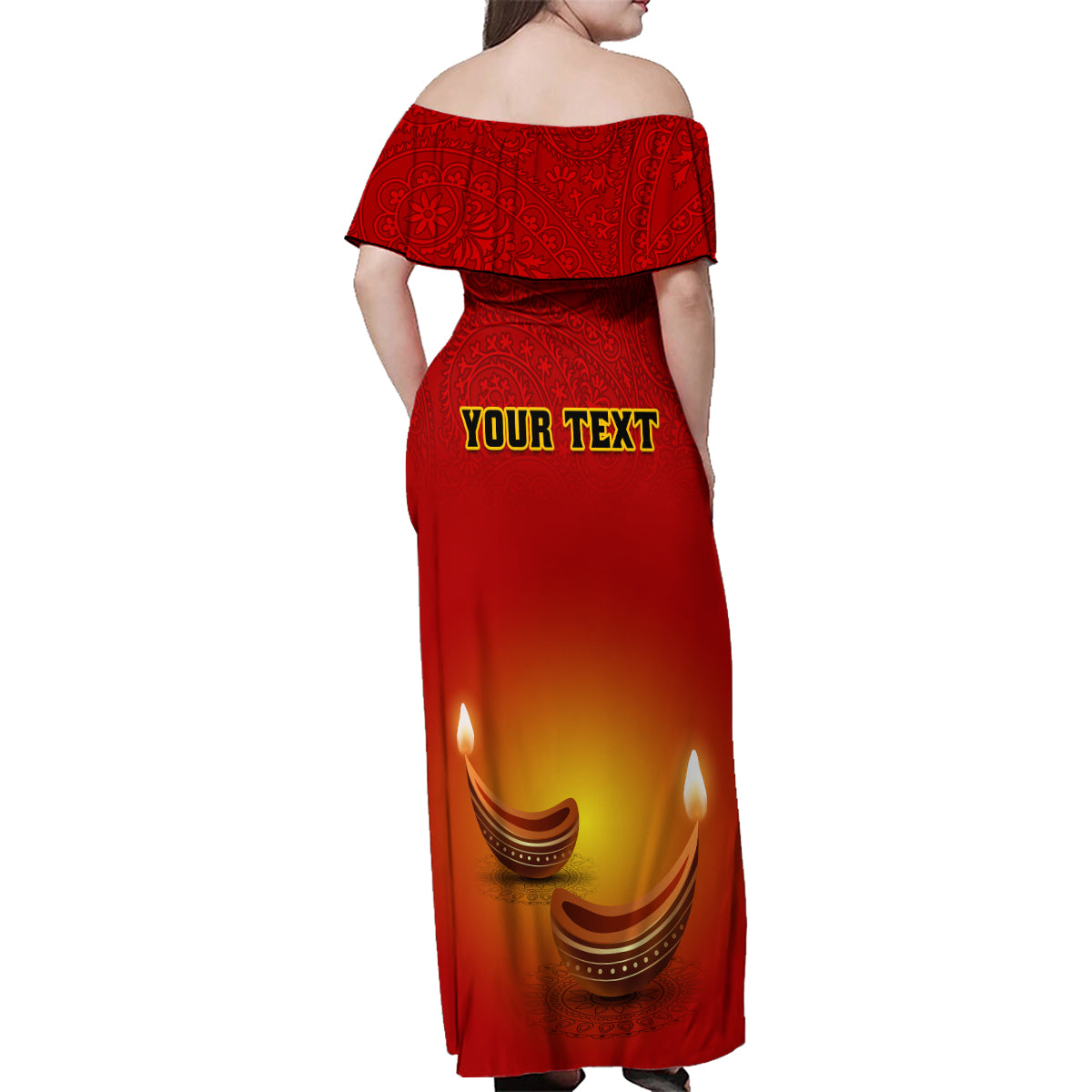 Personalised Diwali Festival Family Matching Off Shoulder Maxi Dress and Hawaiian Shirt Diya With Paisley Pattern - Wonder Print Shop