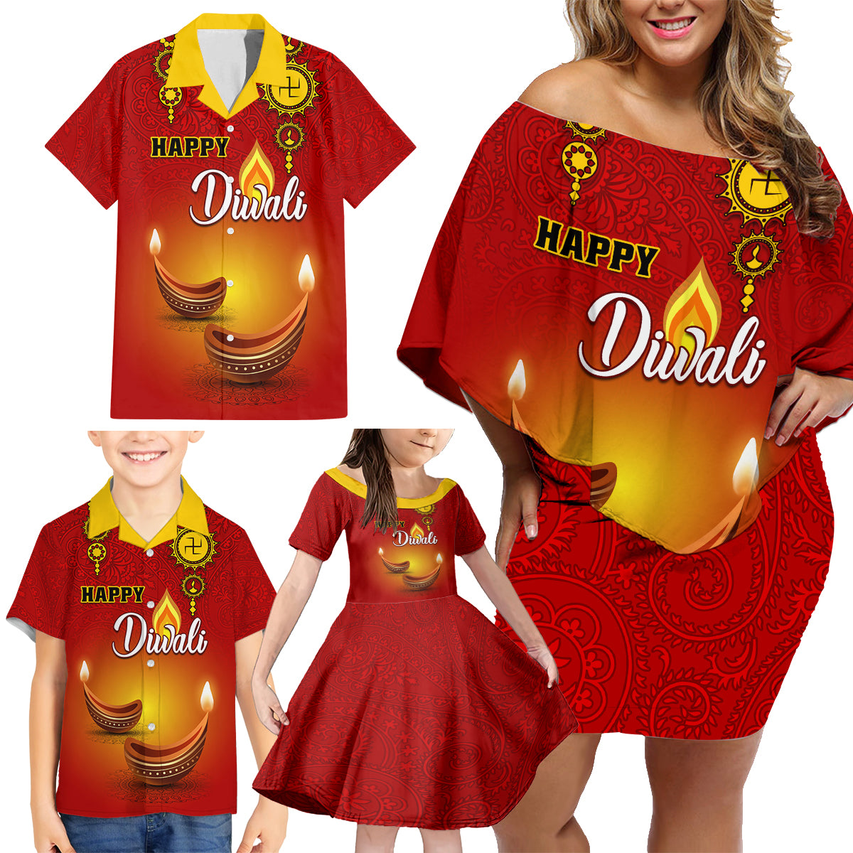 Personalised Diwali Festival Family Matching Off Shoulder Short Dress and Hawaiian Shirt Diya With Paisley Pattern - Wonder Print Shop