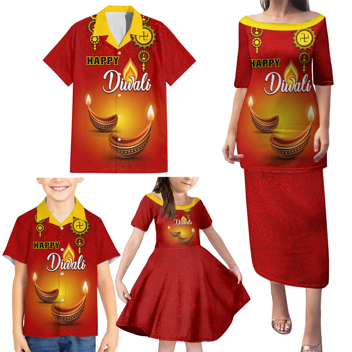 Personalised Diwali Festival Family Matching Puletasi Dress and Hawaiian Shirt Diya With Paisley Pattern - Wonder Print Shop