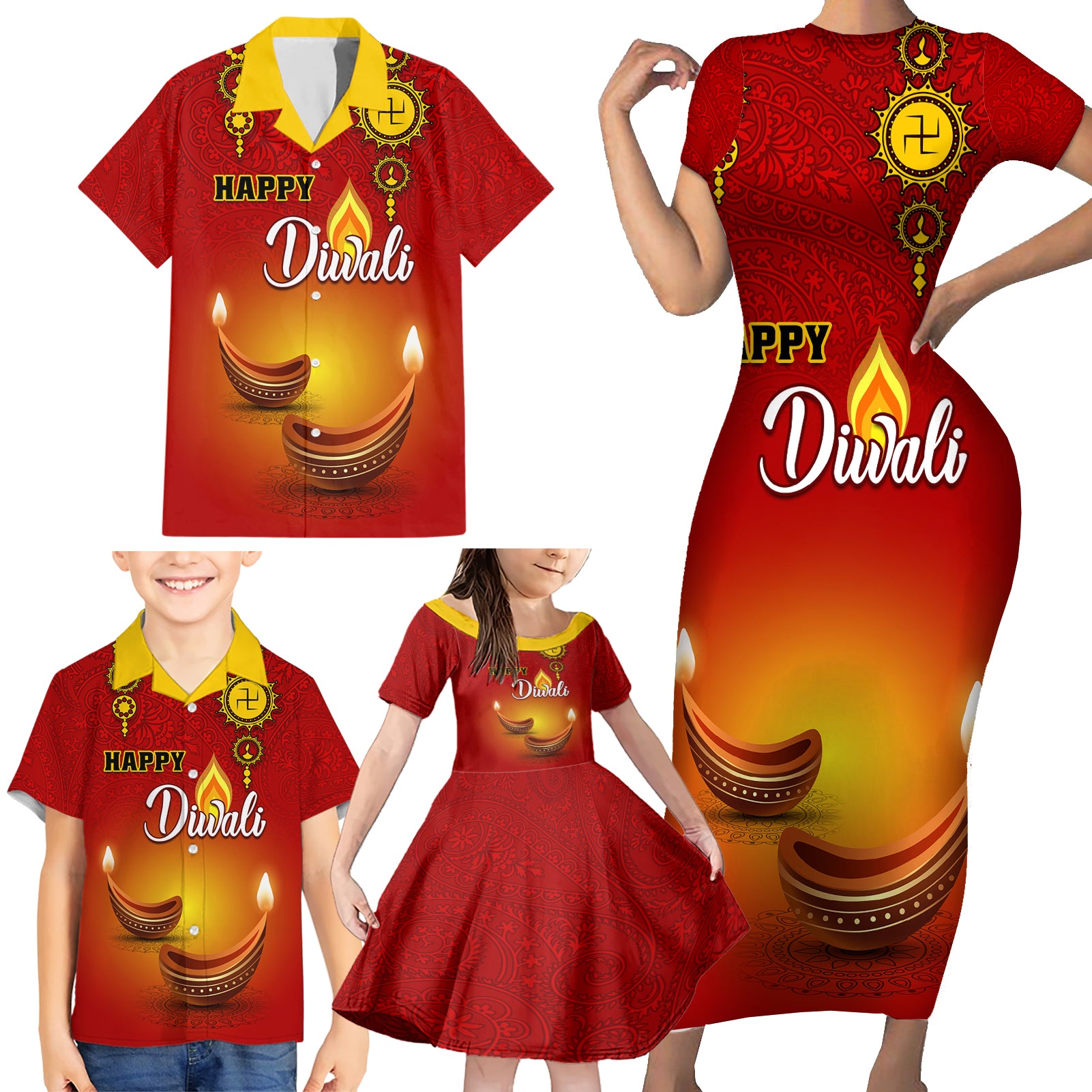 Personalised Diwali Festival Family Matching Short Sleeve Bodycon Dress and Hawaiian Shirt Diya With Paisley Pattern - Wonder Print Shop