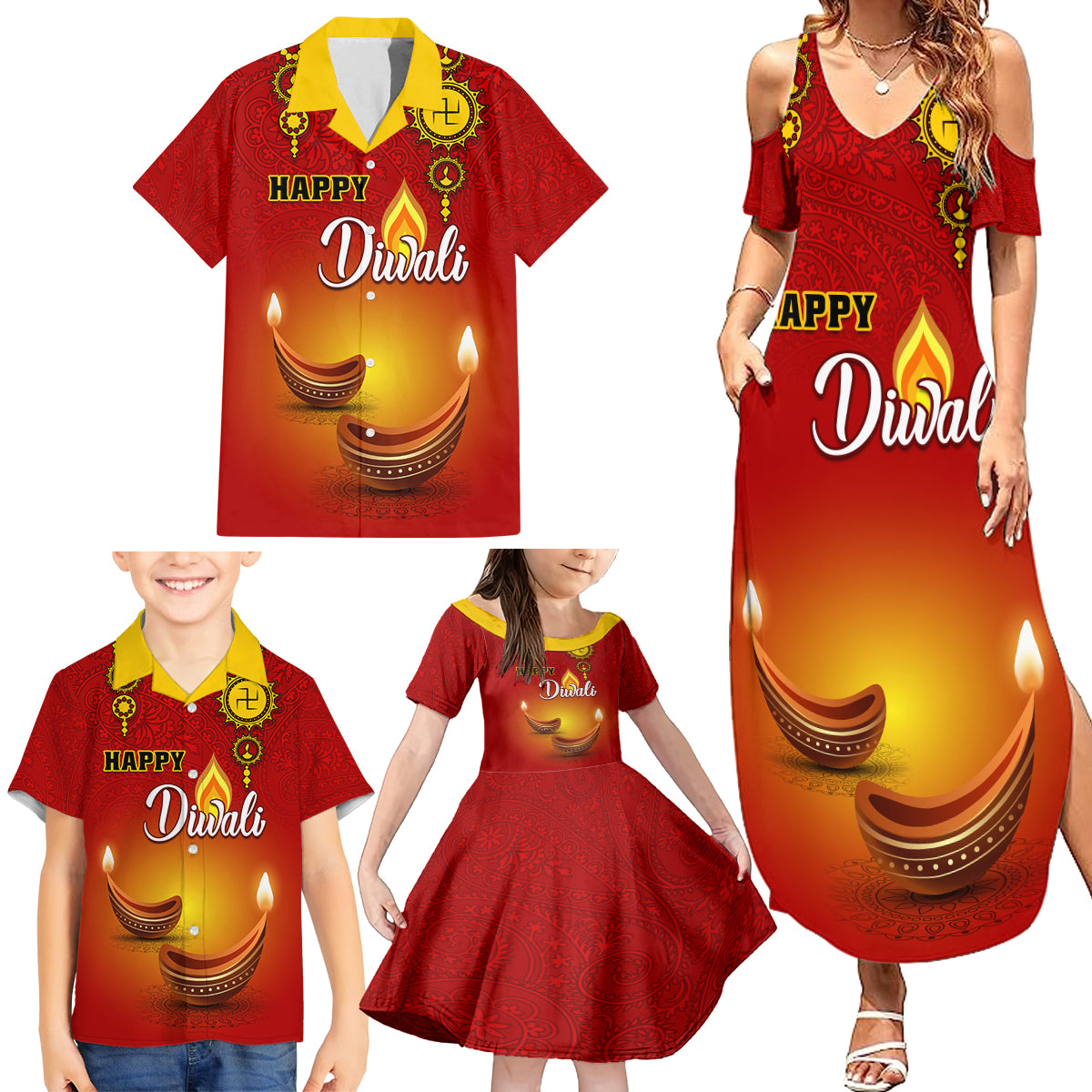 Personalised Diwali Festival Family Matching Summer Maxi Dress and Hawaiian Shirt Diya With Paisley Pattern - Wonder Print Shop