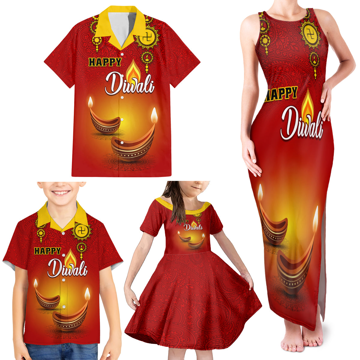 Personalised Diwali Festival Family Matching Tank Maxi Dress and Hawaiian Shirt Diya With Paisley Pattern - Wonder Print Shop