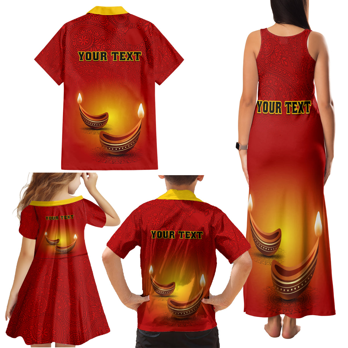 Personalised Diwali Festival Family Matching Tank Maxi Dress and Hawaiian Shirt Diya With Paisley Pattern - Wonder Print Shop