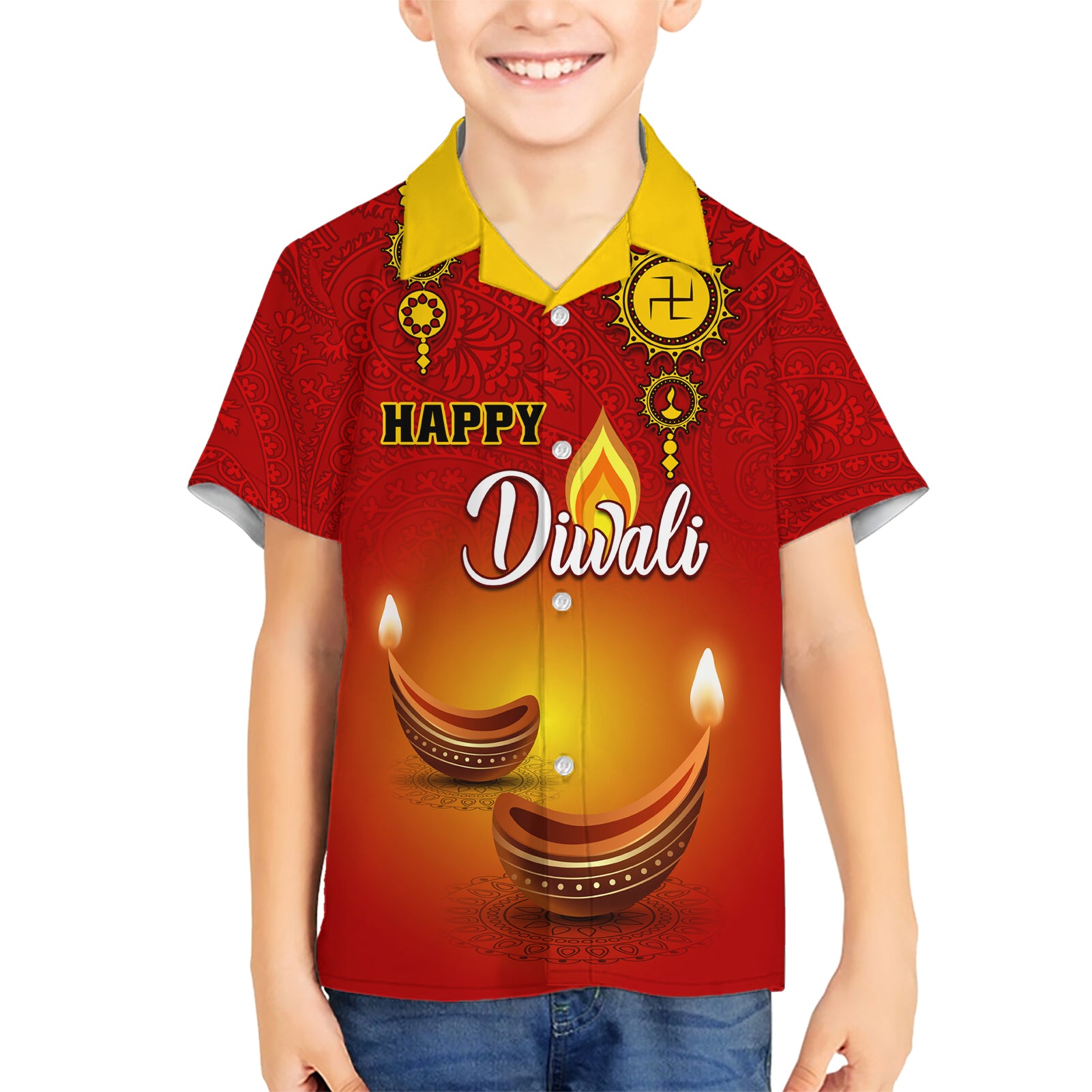 Personalised Diwali Festival Kid Hawaiian Shirt Diya With Paisley Pattern - Wonder Print Shop