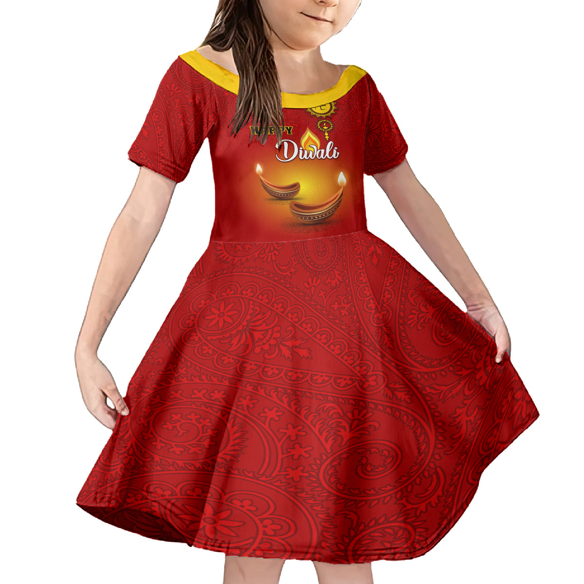 Personalised Diwali Festival Kid Short Sleeve Dress Diya With Paisley Pattern - Wonder Print Shop