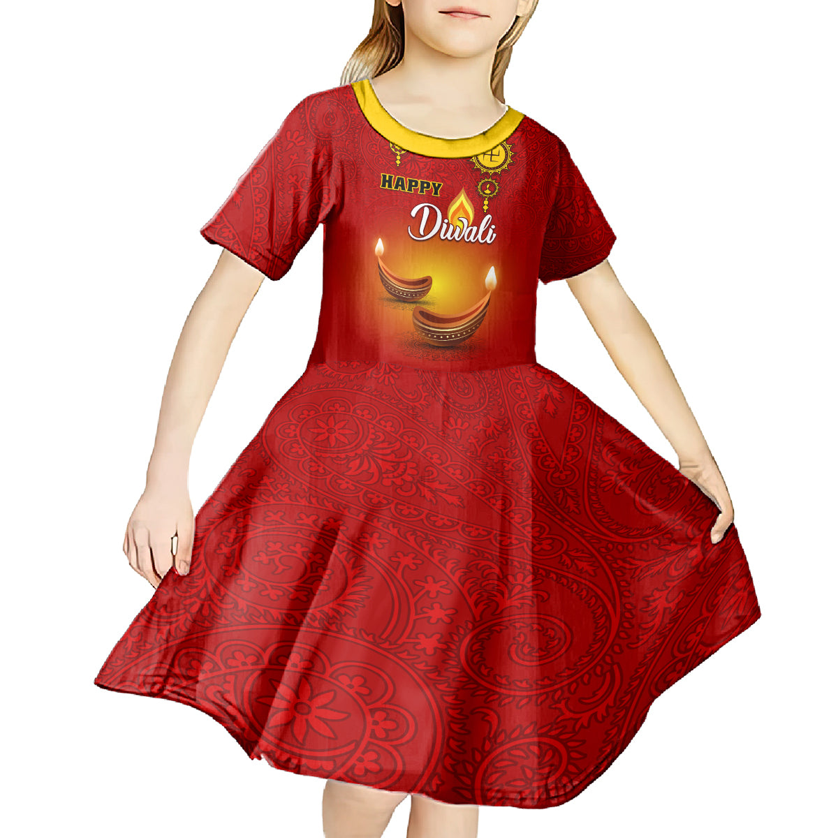 Personalised Diwali Festival Kid Short Sleeve Dress Diya With Paisley Pattern - Wonder Print Shop