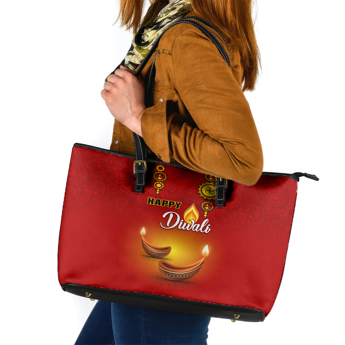 Diwali Festival Leather Tote Bag Diya With Paisley Pattern - Wonder Print Shop