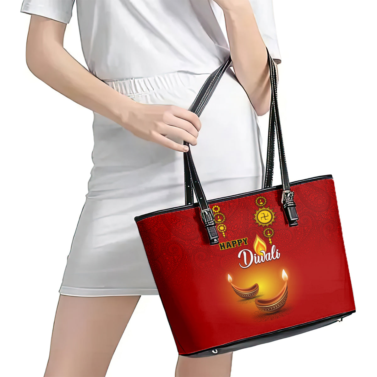 Diwali Festival Leather Tote Bag Diya With Paisley Pattern - Wonder Print Shop