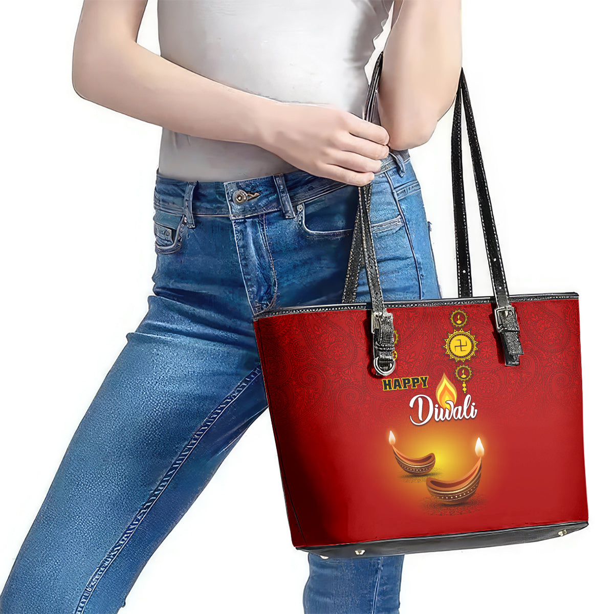 Diwali Festival Leather Tote Bag Diya With Paisley Pattern - Wonder Print Shop
