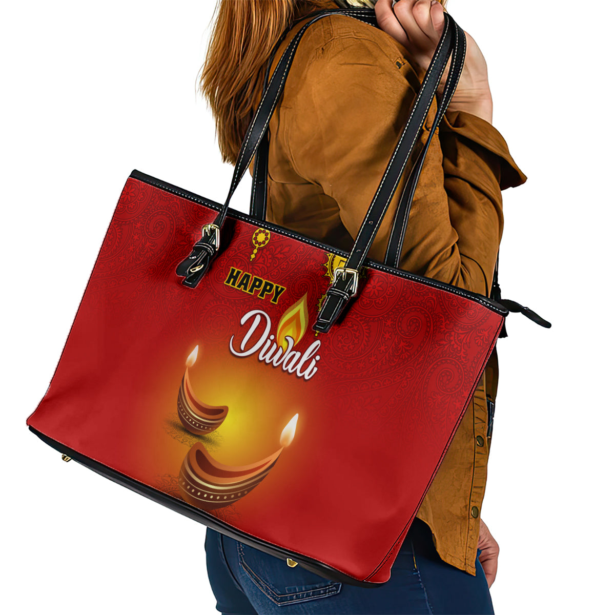 Diwali Festival Leather Tote Bag Diya With Paisley Pattern - Wonder Print Shop