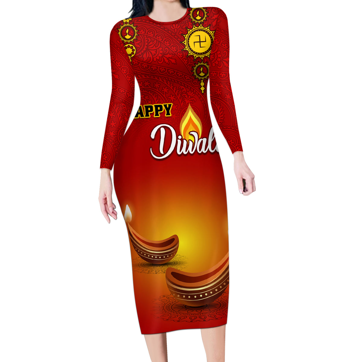 Personalised Diwali Festival Long Sleeve Bodycon Dress Diya With Paisley Pattern - Wonder Print Shop