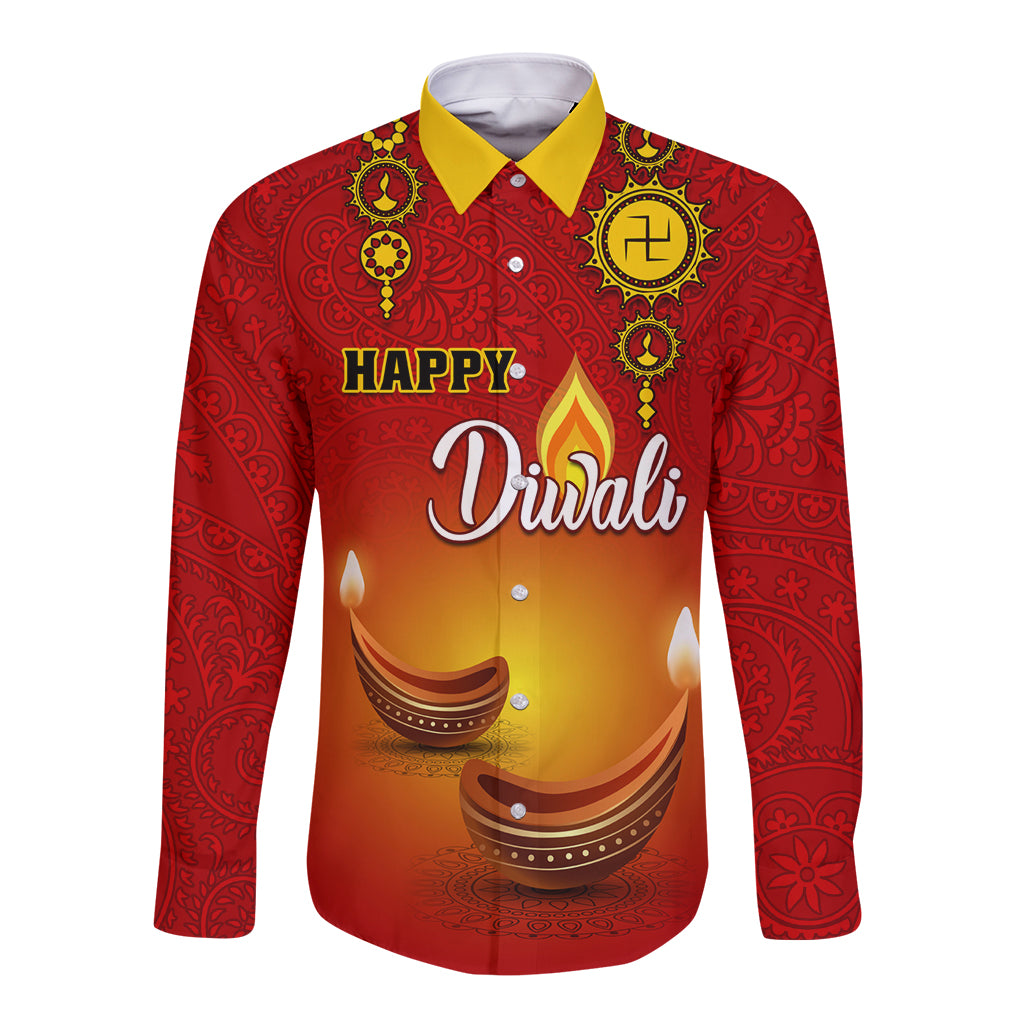 Personalised Diwali Festival Long Sleeve Button Shirt Diya With Paisley Pattern - Wonder Print Shop