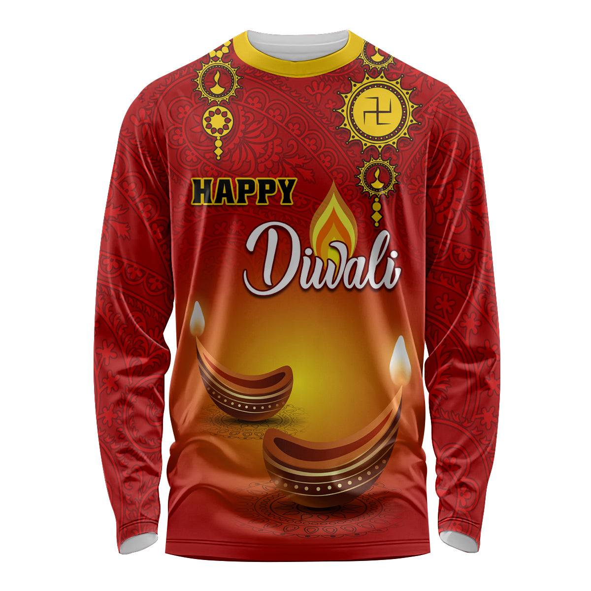 Personalised Diwali Festival Long Sleeve Shirt Diya With Paisley Pattern - Wonder Print Shop
