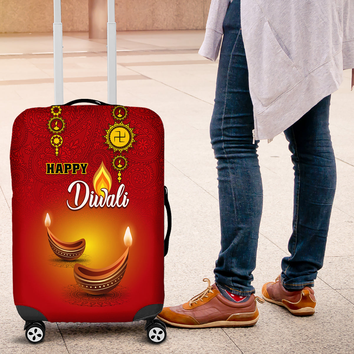Diwali Festival Luggage Cover Diya With Paisley Pattern - Wonder Print Shop