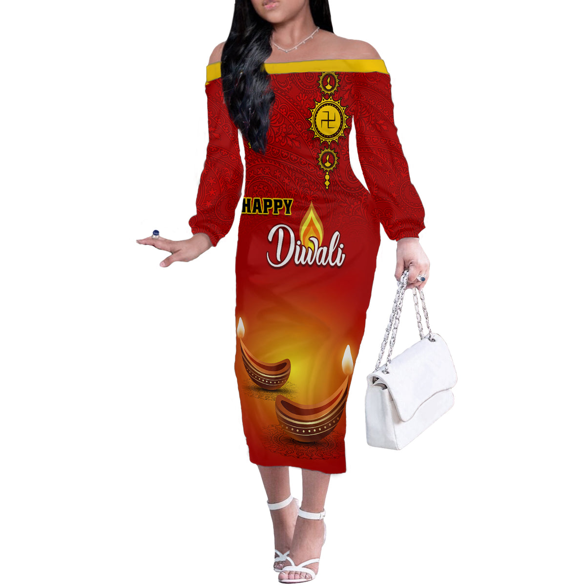 Personalised Diwali Festival Off The Shoulder Long Sleeve Dress Diya With Paisley Pattern - Wonder Print Shop