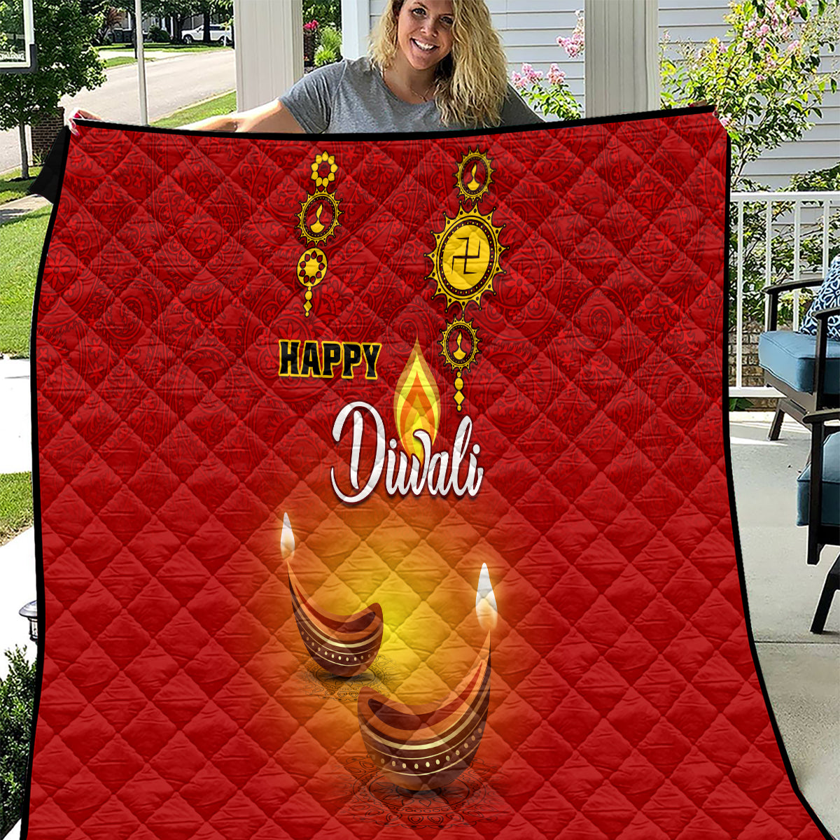 Diwali Festival Quilt Diya With Paisley Pattern - Wonder Print Shop
