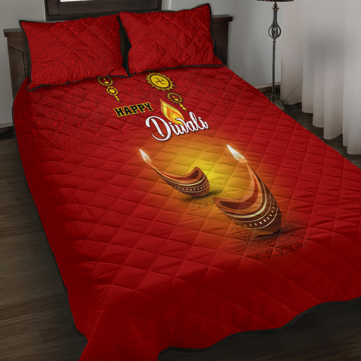 Diwali Festival Quilt Bed Set Diya With Paisley Pattern - Wonder Print Shop