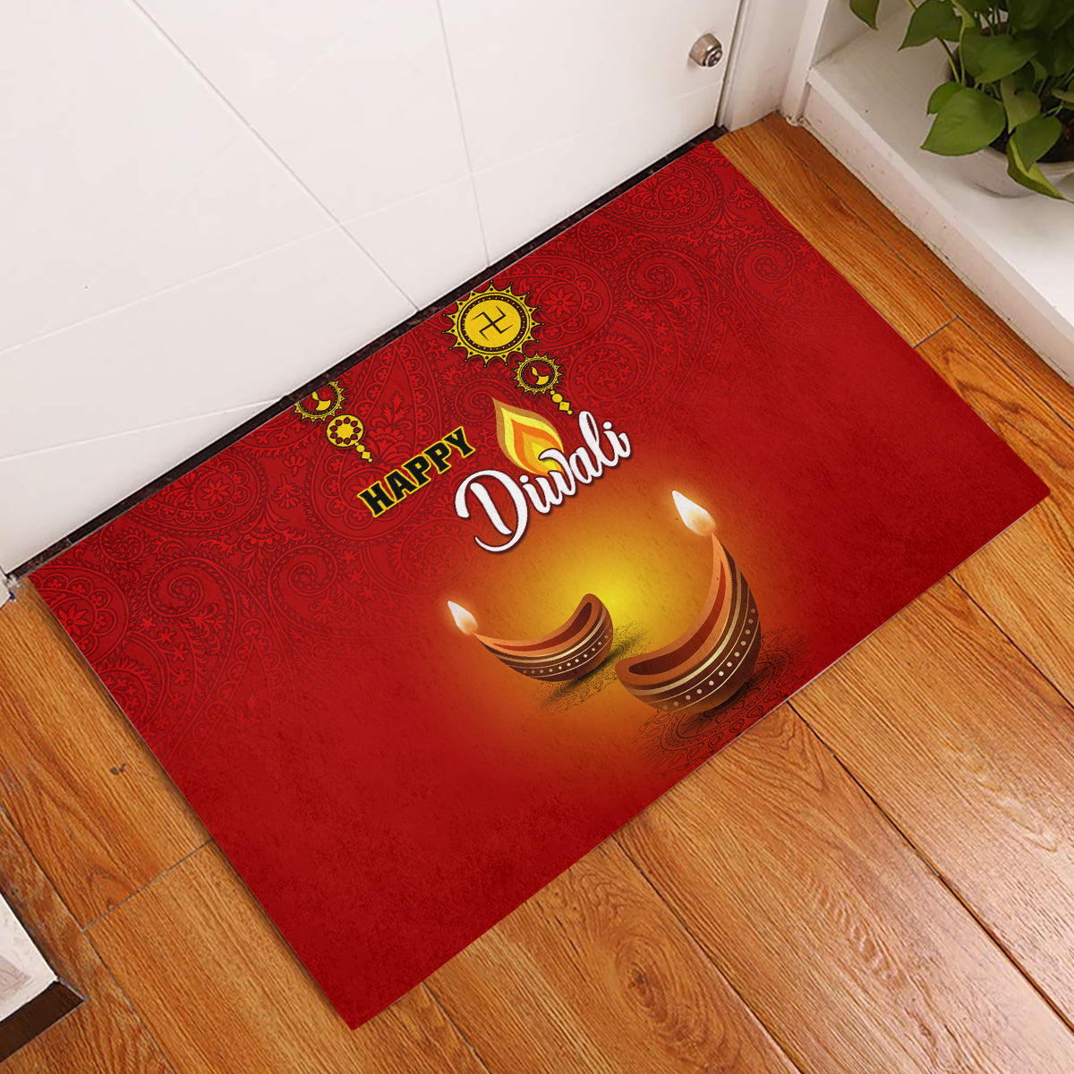 Diwali Festival Rubber Doormat Diya With Paisley Pattern - Wonder Print Shop