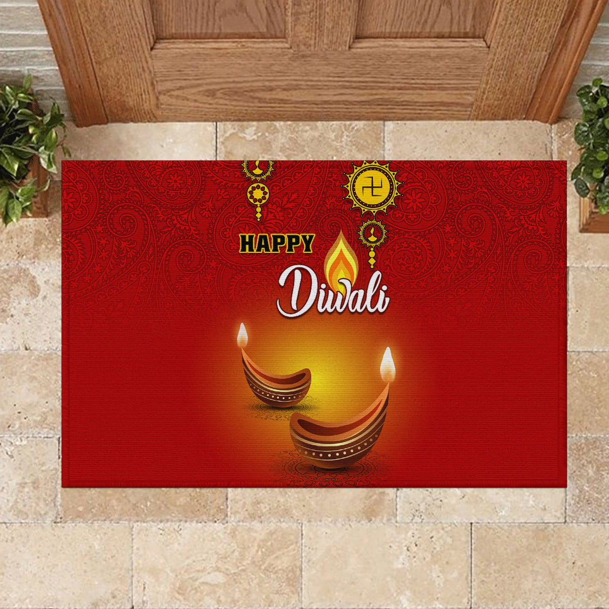 Diwali Festival Rubber Doormat Diya With Paisley Pattern - Wonder Print Shop