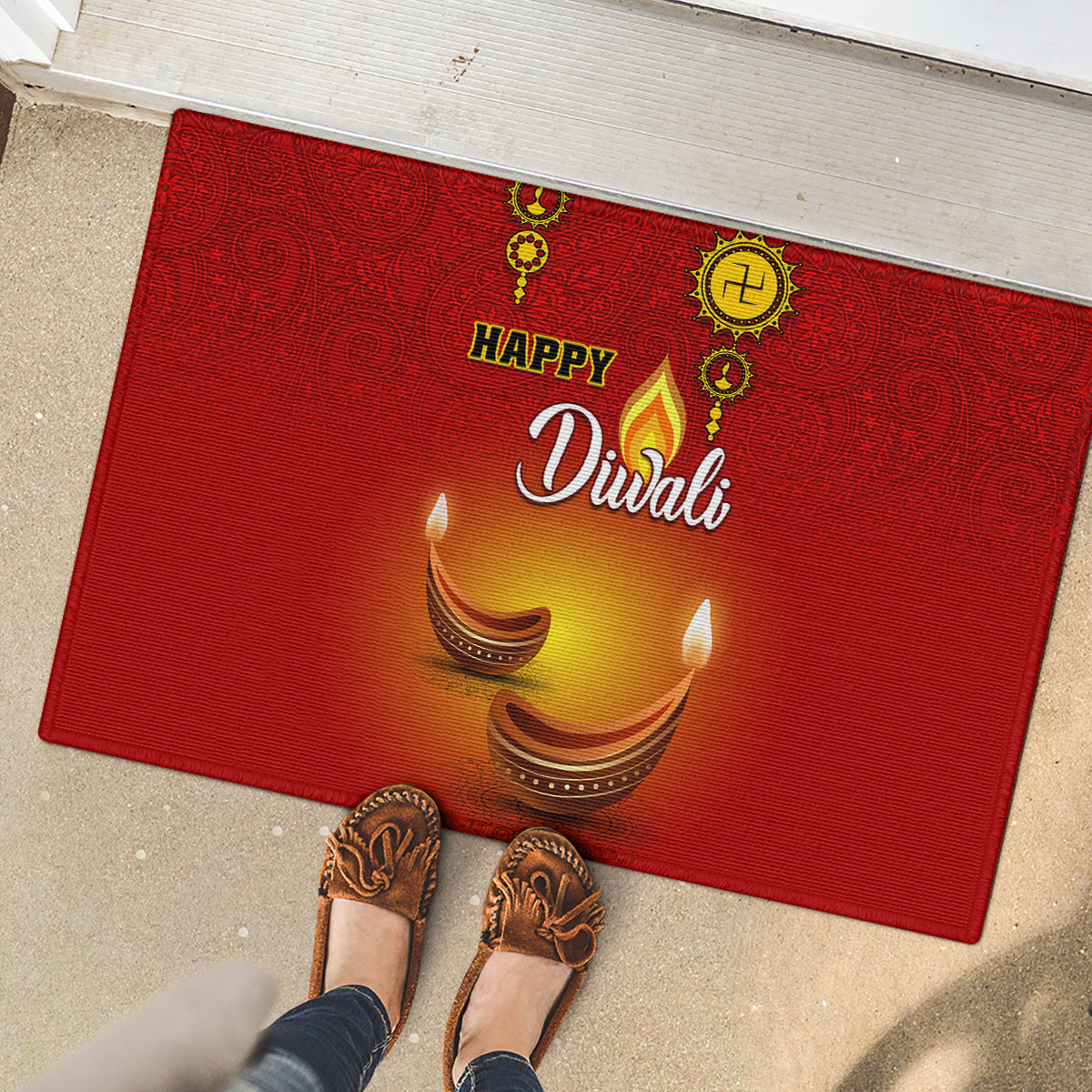 Diwali Festival Rubber Doormat Diya With Paisley Pattern - Wonder Print Shop