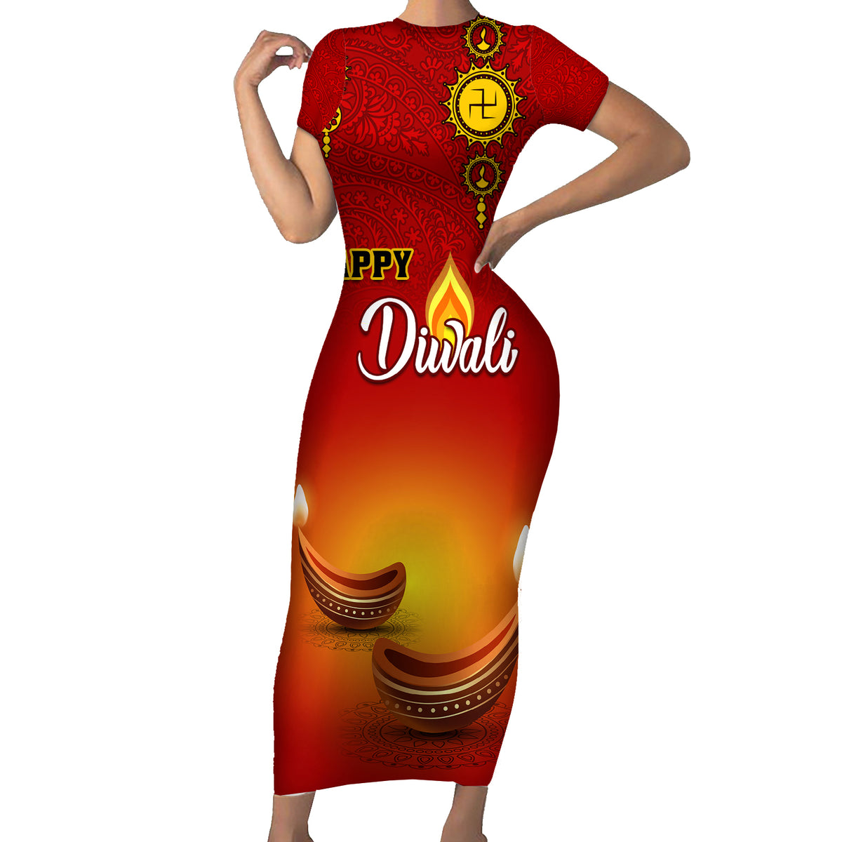 Personalised Diwali Festival Short Sleeve Bodycon Dress Diya With Paisley Pattern - Wonder Print Shop