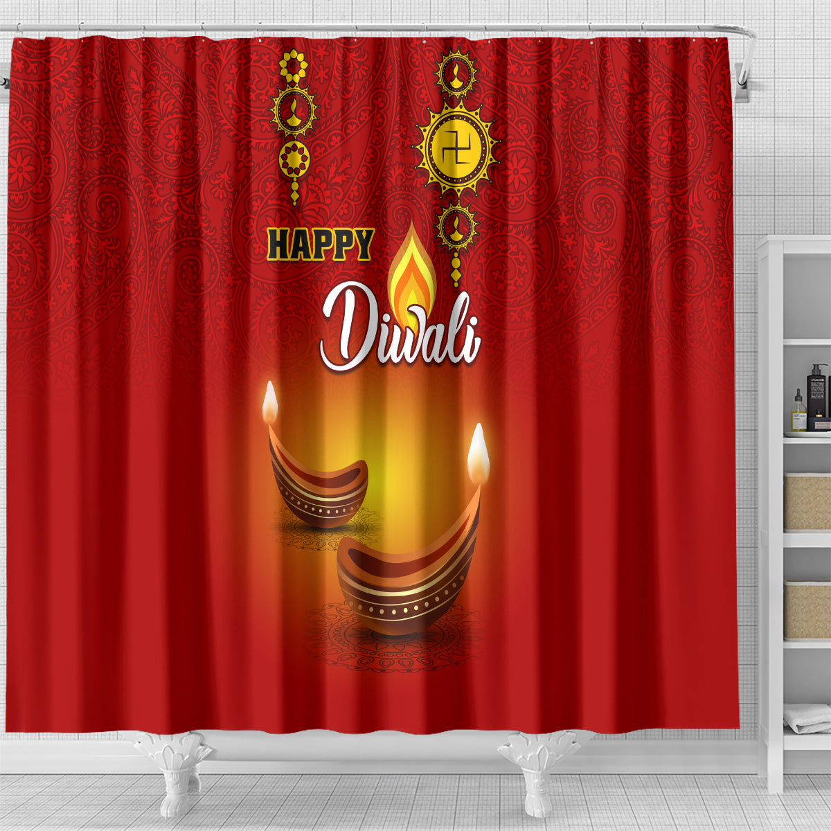 personalised-diwali-festival-shower-curtain-diya-with-paisley-pattern