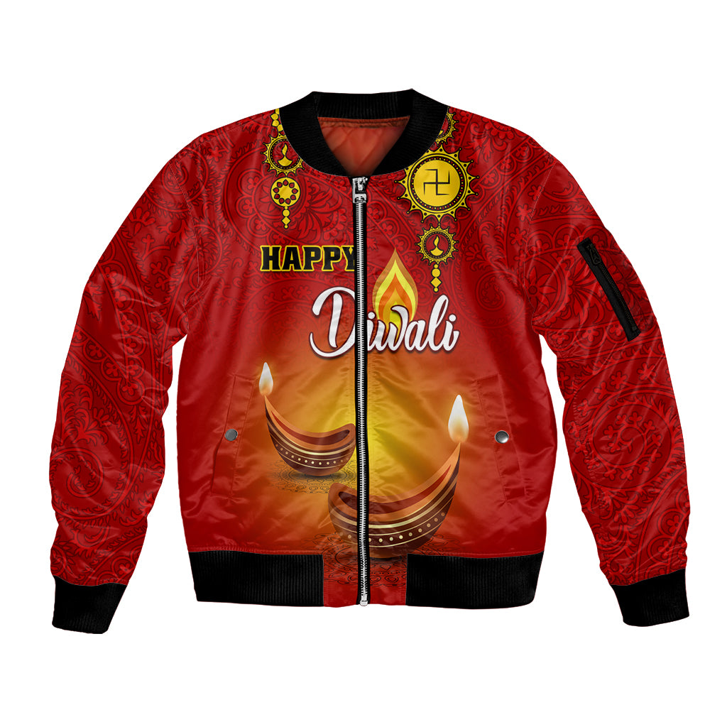 Personalised Diwali Festival Sleeve Zip Bomber Jacket Diya With Paisley Pattern - Wonder Print Shop