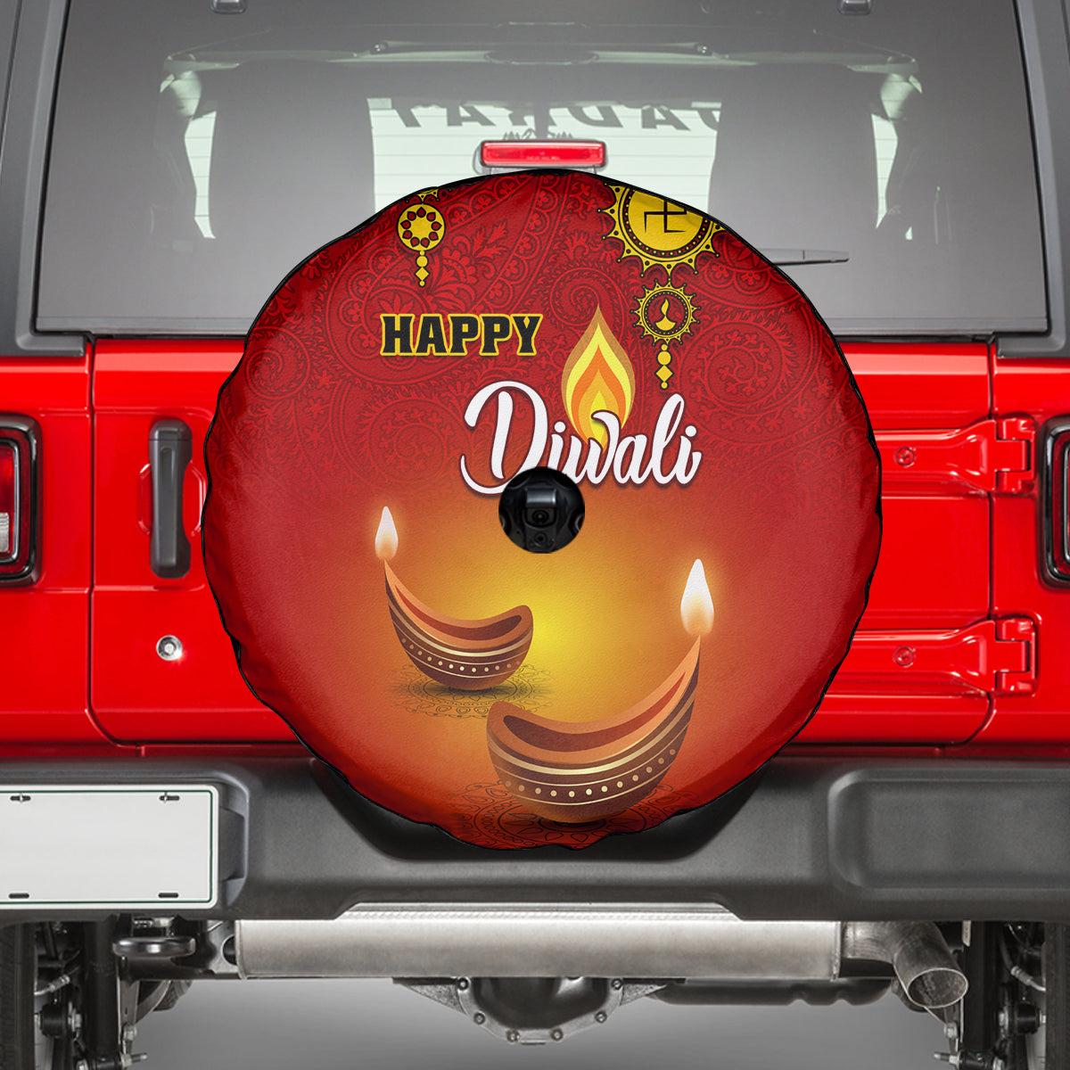 Diwali Festival Spare Tire Cover Diya With Paisley Pattern - Wonder Print Shop
