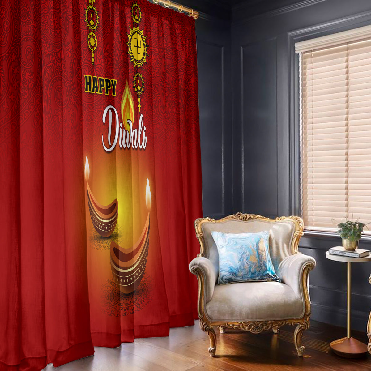 Diwali Festival Window Curtain Diya With Paisley Pattern - Wonder Print Shop