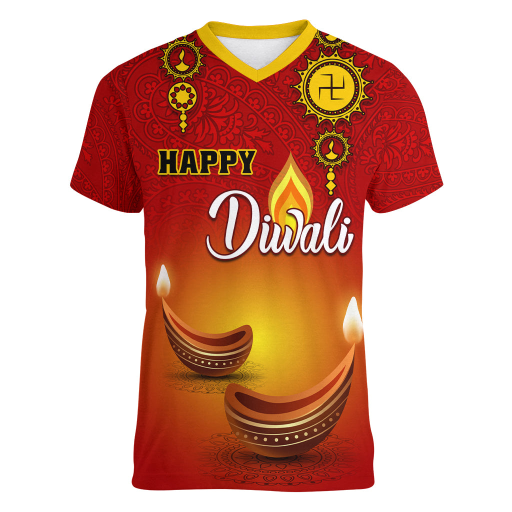 Personalised Diwali Festival Women V Neck T Shirt Diya With Paisley Pattern - Wonder Print Shop