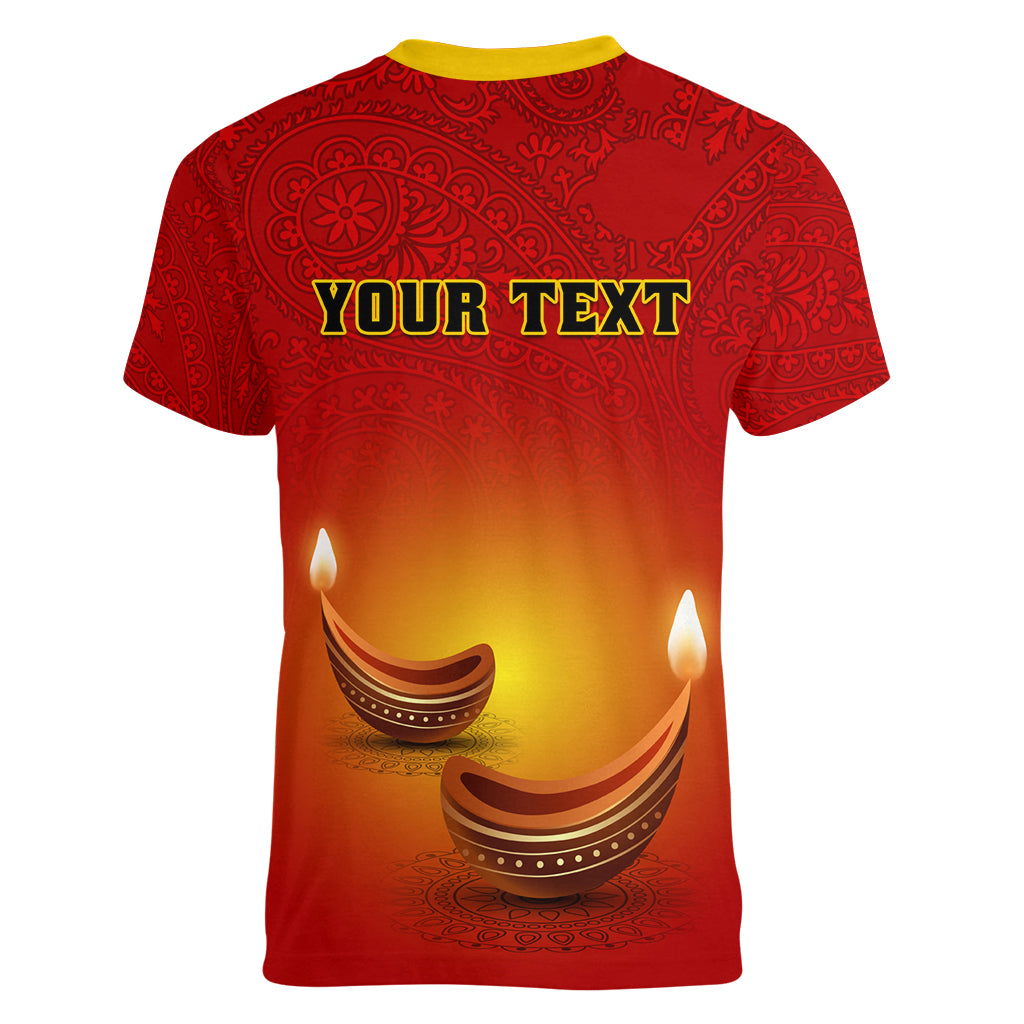 Personalised Diwali Festival Women V Neck T Shirt Diya With Paisley Pattern - Wonder Print Shop