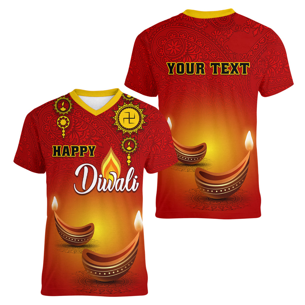 Personalised Diwali Festival Women V Neck T Shirt Diya With Paisley Pattern - Wonder Print Shop