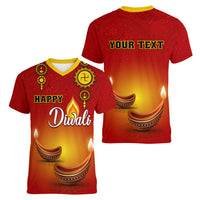 Personalised Diwali Festival Women V Neck T Shirt Diya With Paisley Pattern - Wonder Print Shop