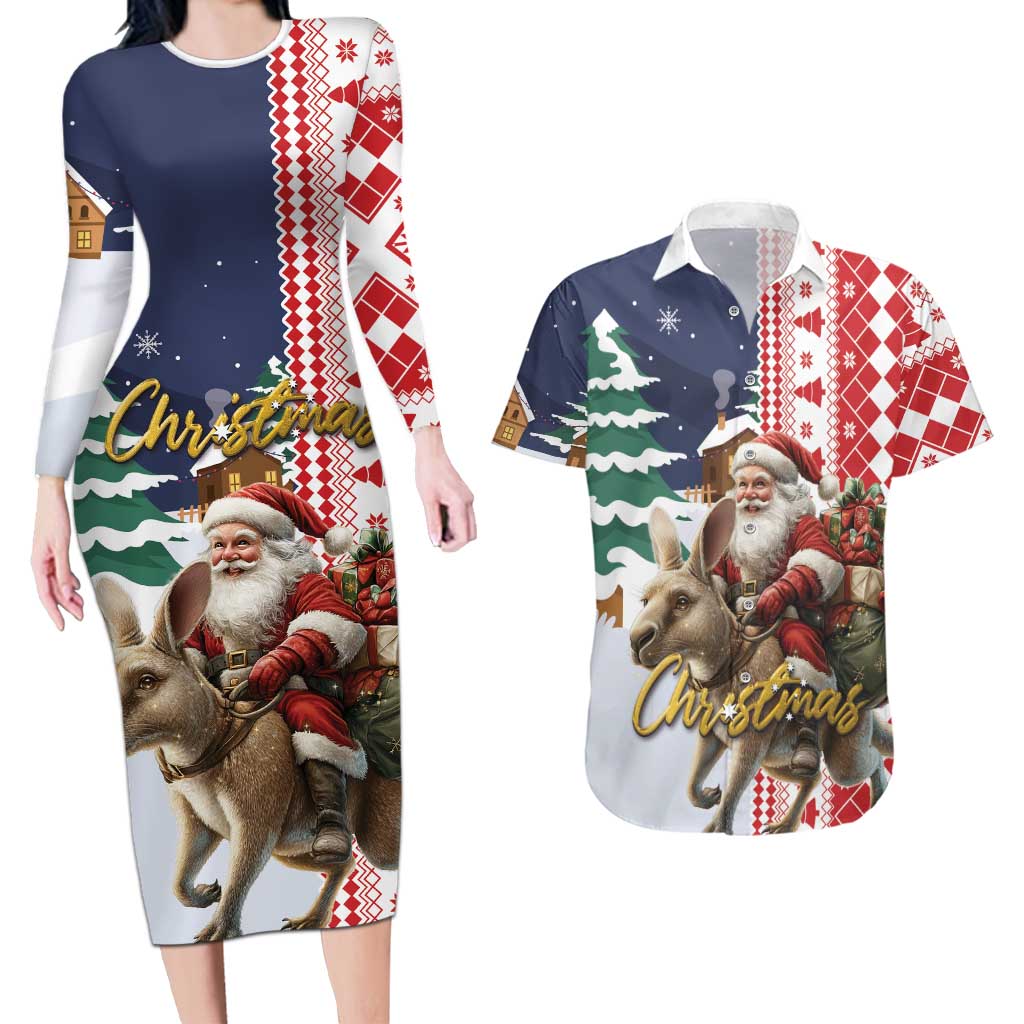 Kangaroo Australia Christmas Couples Matching Long Sleeve Bodycon Dress and Hawaiian Shirt Xmas Pattern - Wonder Print Shop