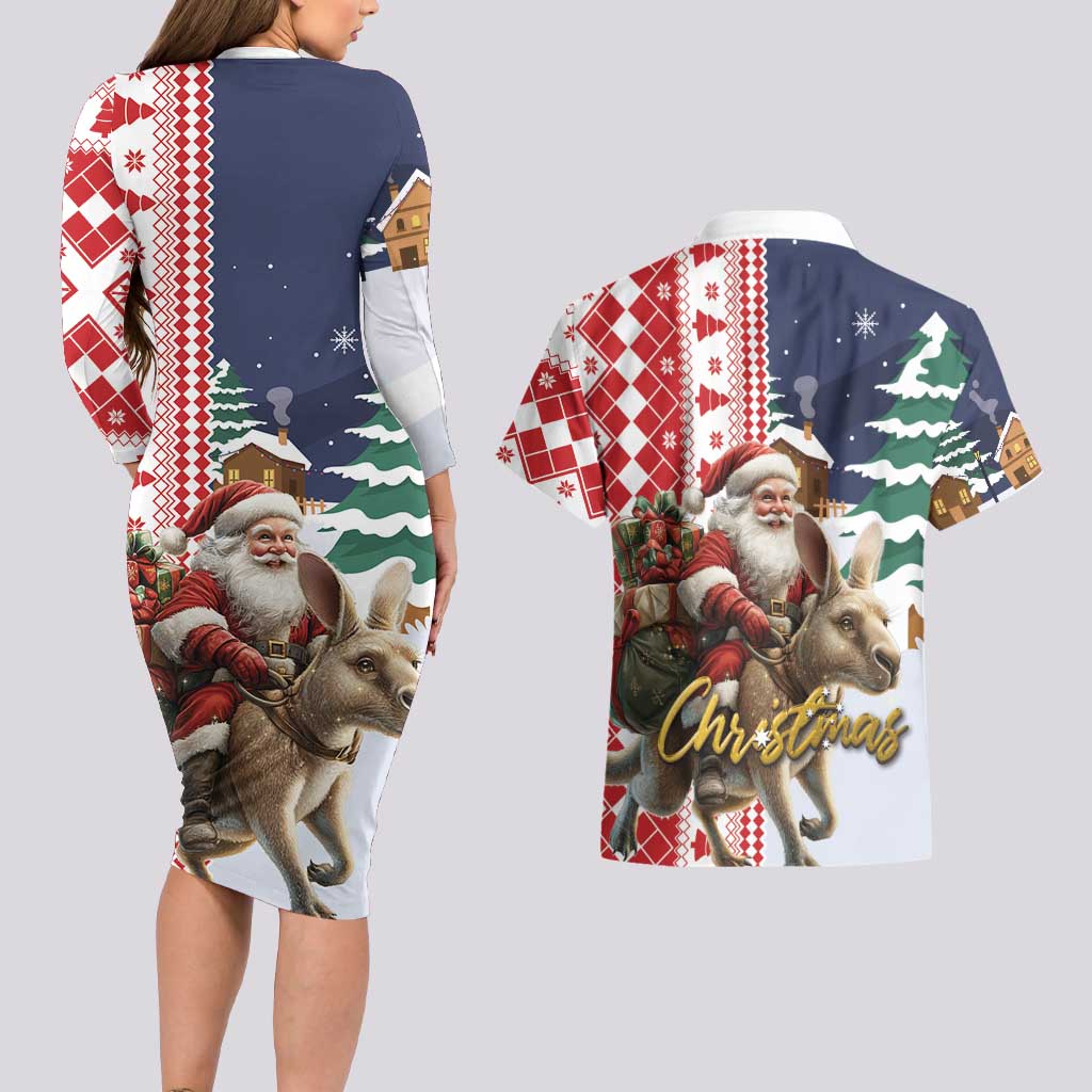 Kangaroo Australia Christmas Couples Matching Long Sleeve Bodycon Dress and Hawaiian Shirt Xmas Pattern - Wonder Print Shop