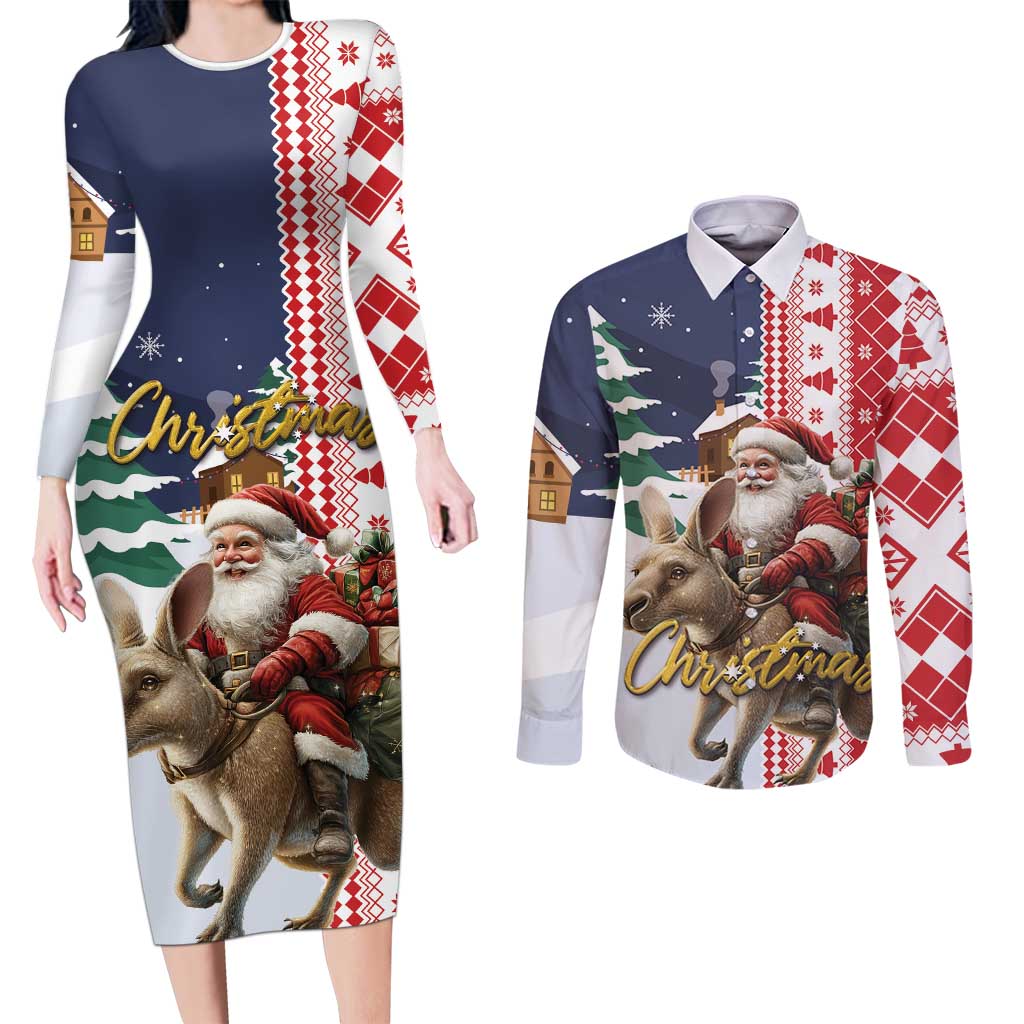Kangaroo Australia Christmas Couples Matching Long Sleeve Bodycon Dress and Long Sleeve Button Shirt Xmas Pattern - Wonder Print Shop