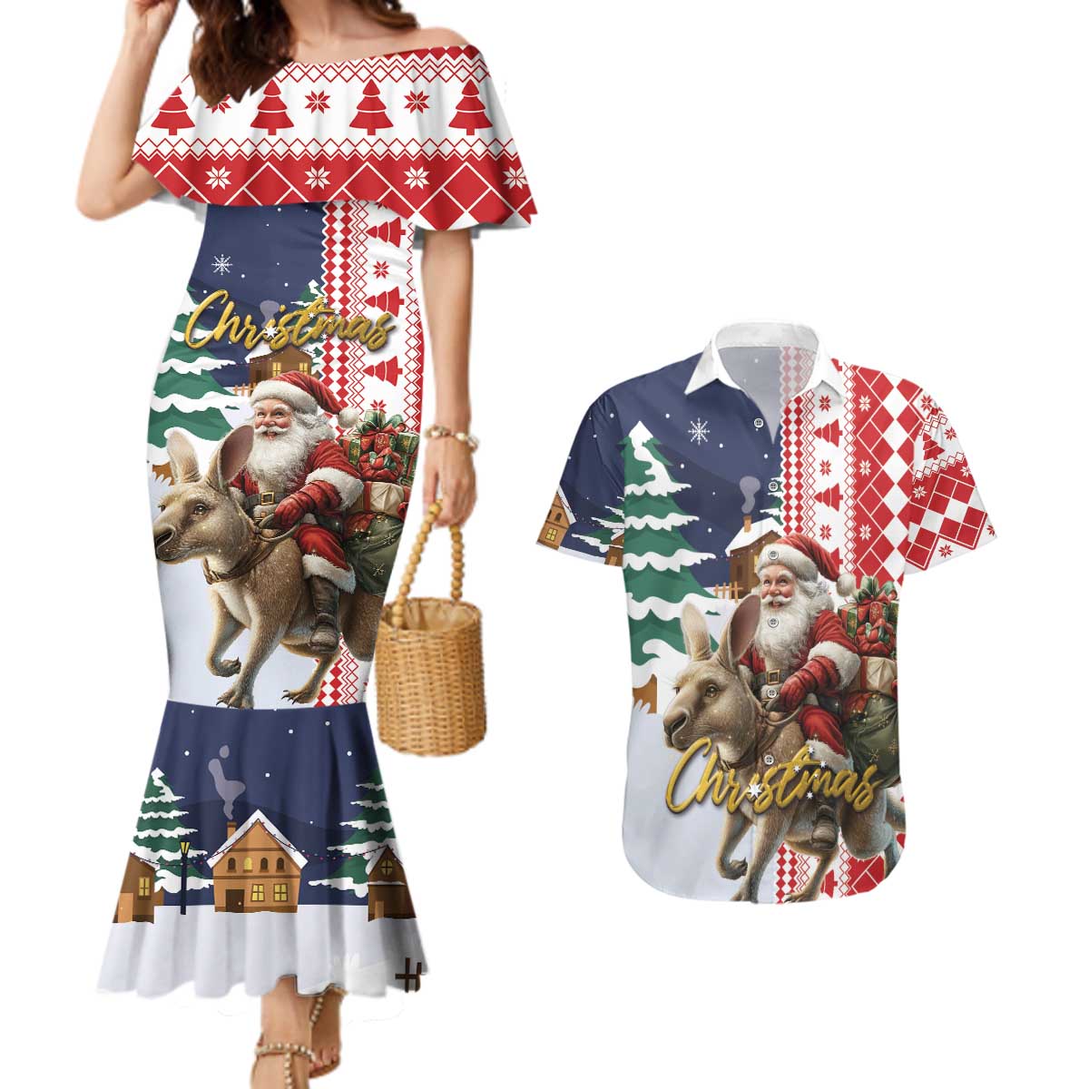 Kangaroo Australia Christmas Couples Matching Mermaid Dress and Hawaiian Shirt Xmas Pattern - Wonder Print Shop