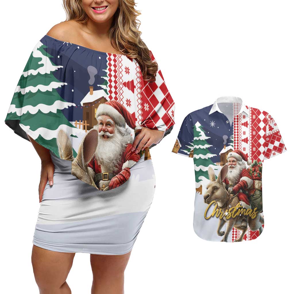 Kangaroo Australia Christmas Couples Matching Off Shoulder Short Dress and Hawaiian Shirt Xmas Pattern - Wonder Print Shop