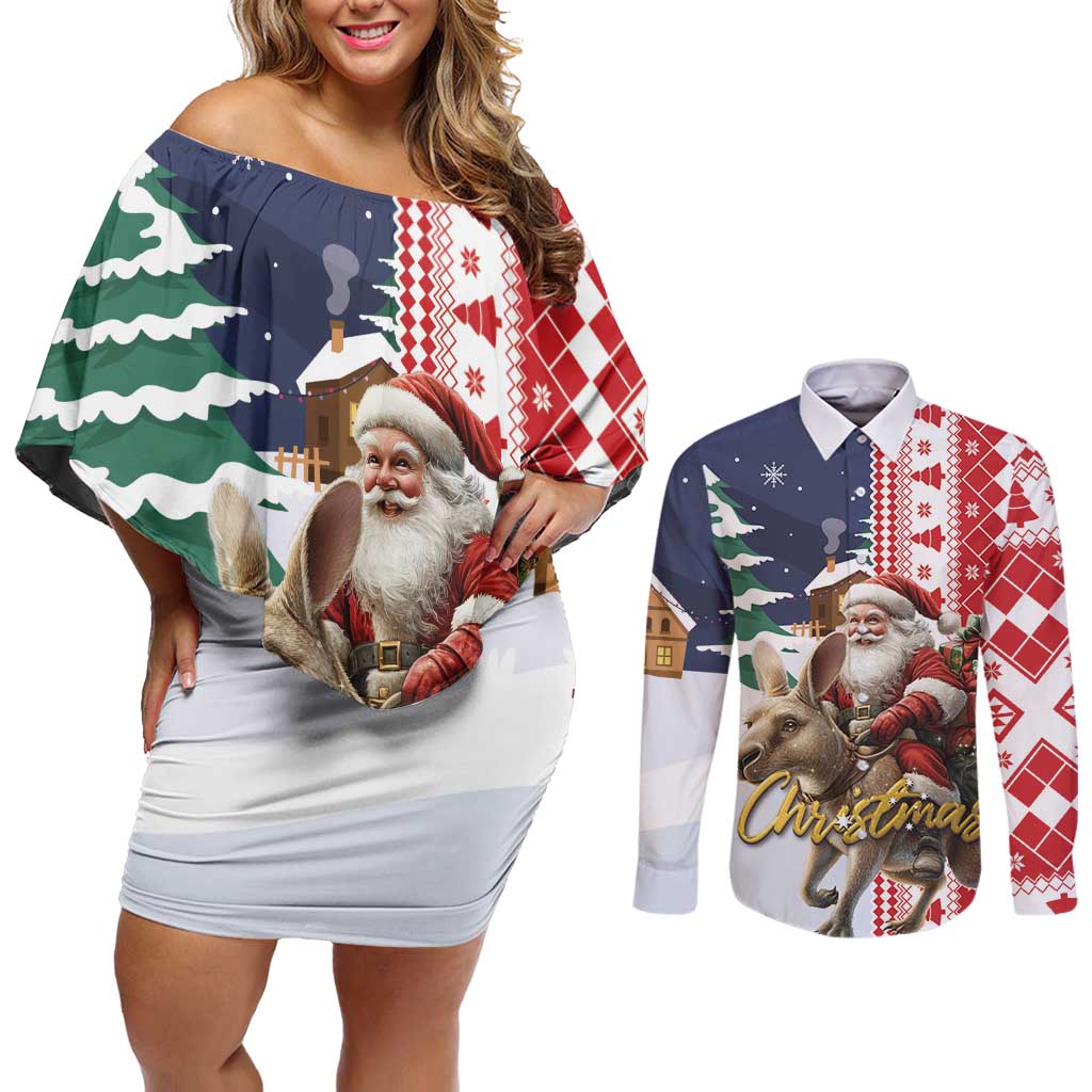 Kangaroo Australia Christmas Couples Matching Off Shoulder Short Dress and Long Sleeve Button Shirt Xmas Pattern - Wonder Print Shop