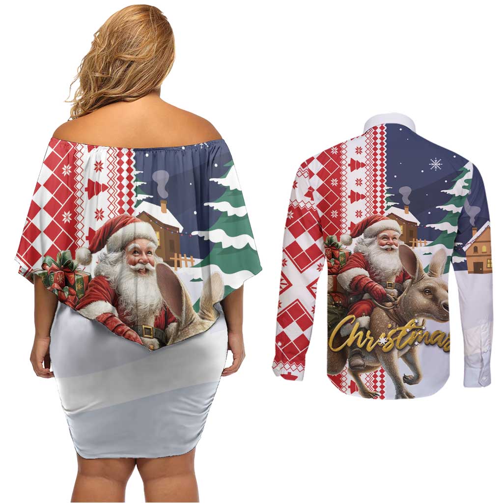 Kangaroo Australia Christmas Couples Matching Off Shoulder Short Dress and Long Sleeve Button Shirt Xmas Pattern - Wonder Print Shop