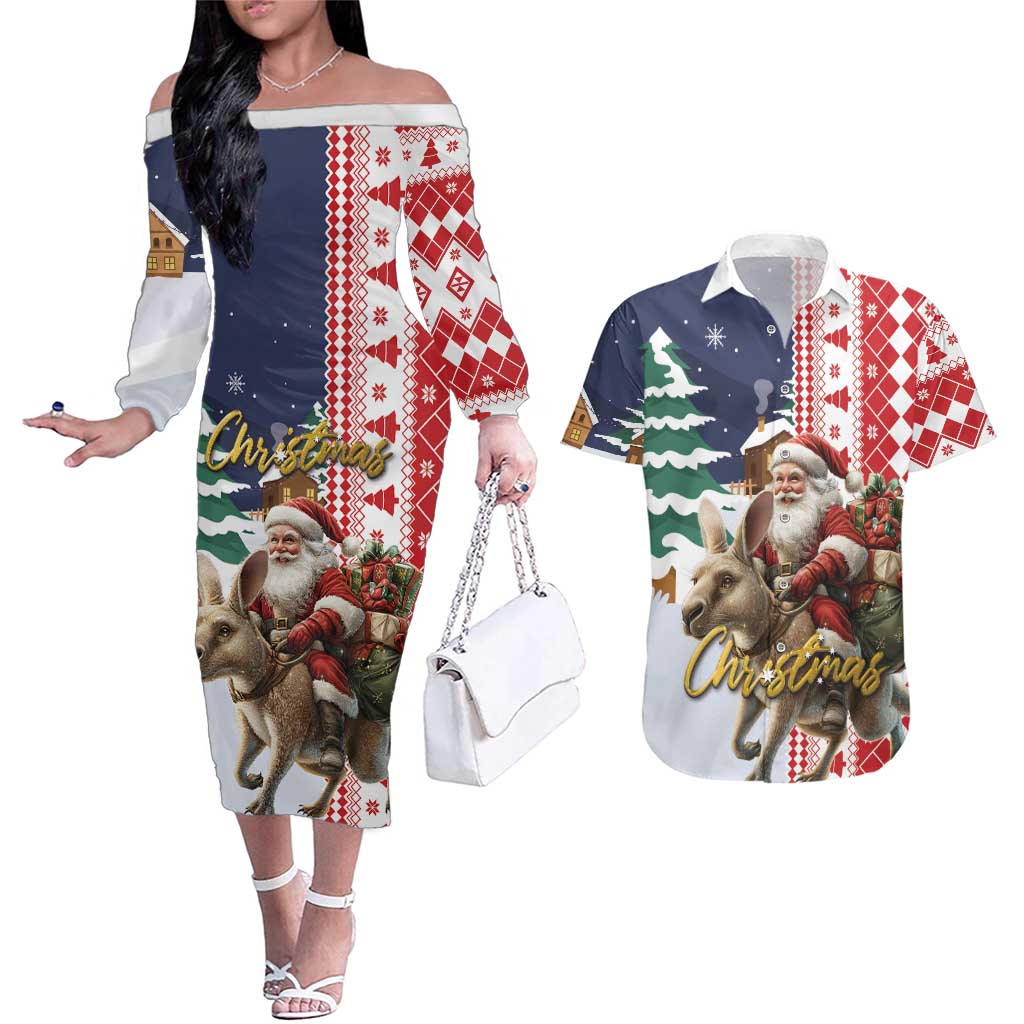 Kangaroo Australia Christmas Couples Matching Off The Shoulder Long Sleeve Dress and Hawaiian Shirt Xmas Pattern - Wonder Print Shop