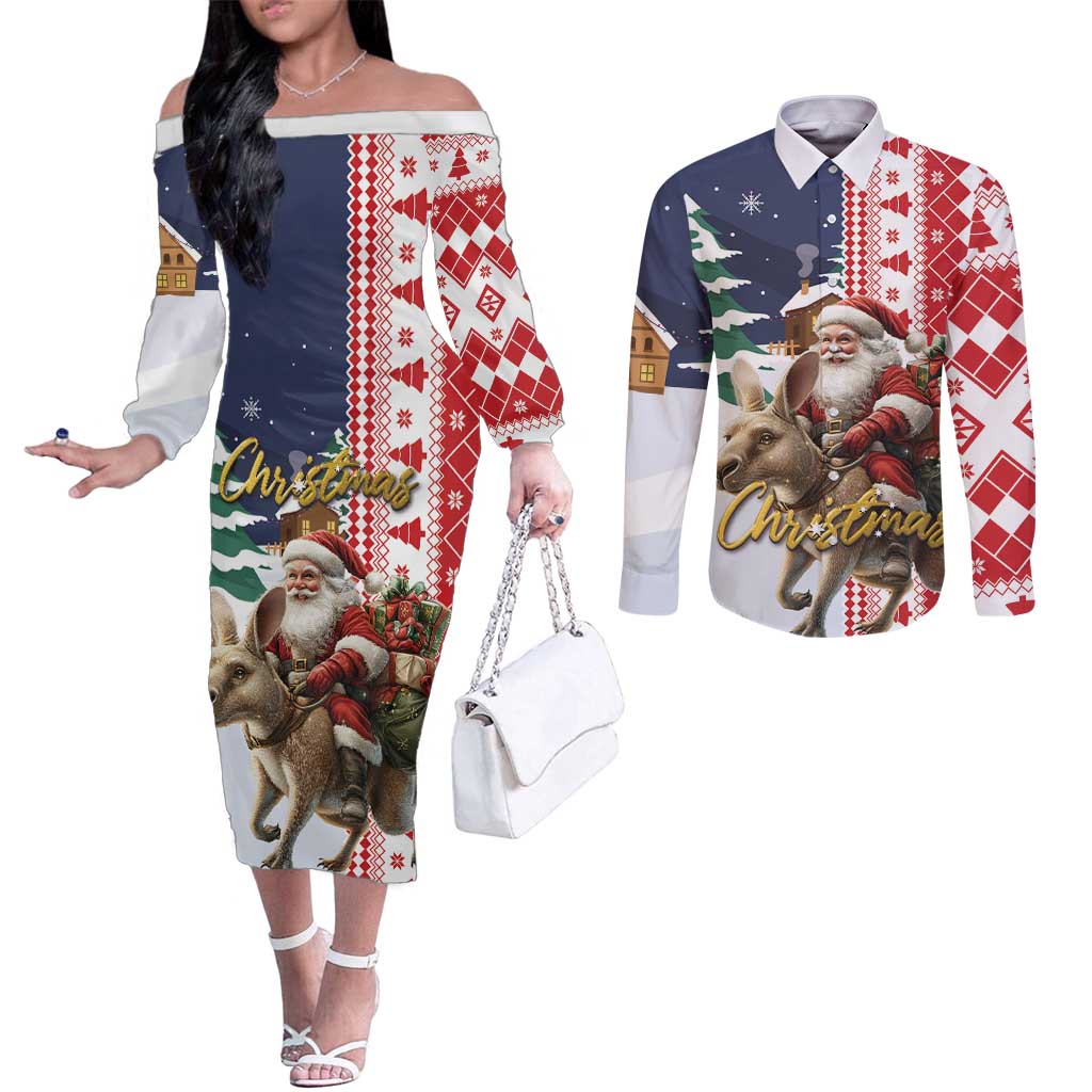 Kangaroo Australia Christmas Couples Matching Off The Shoulder Long Sleeve Dress and Long Sleeve Button Shirt Xmas Pattern