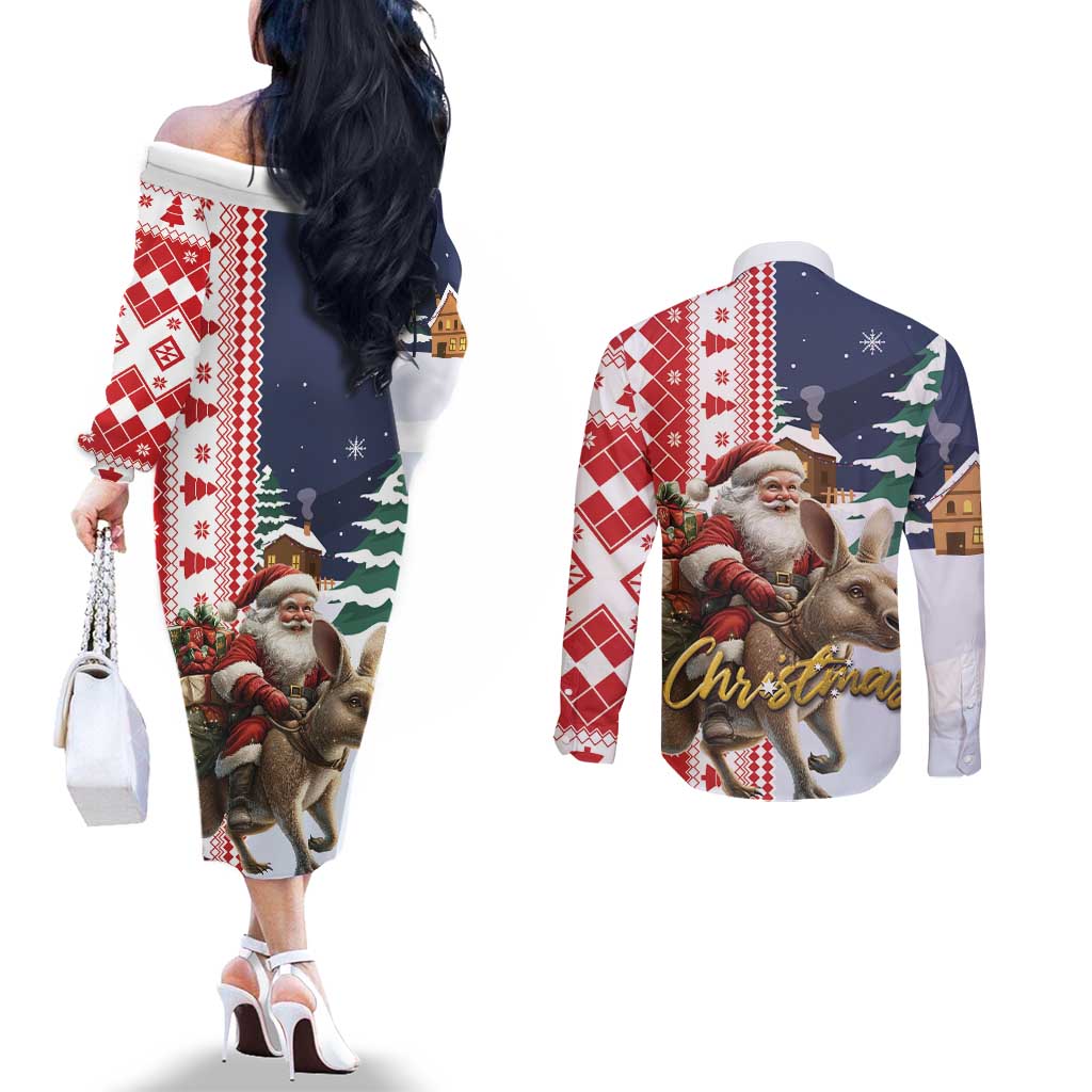 Kangaroo Australia Christmas Couples Matching Off The Shoulder Long Sleeve Dress and Long Sleeve Button Shirt Xmas Pattern